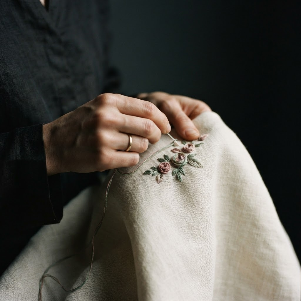Hands stitching rose embroidery onto cream fabric